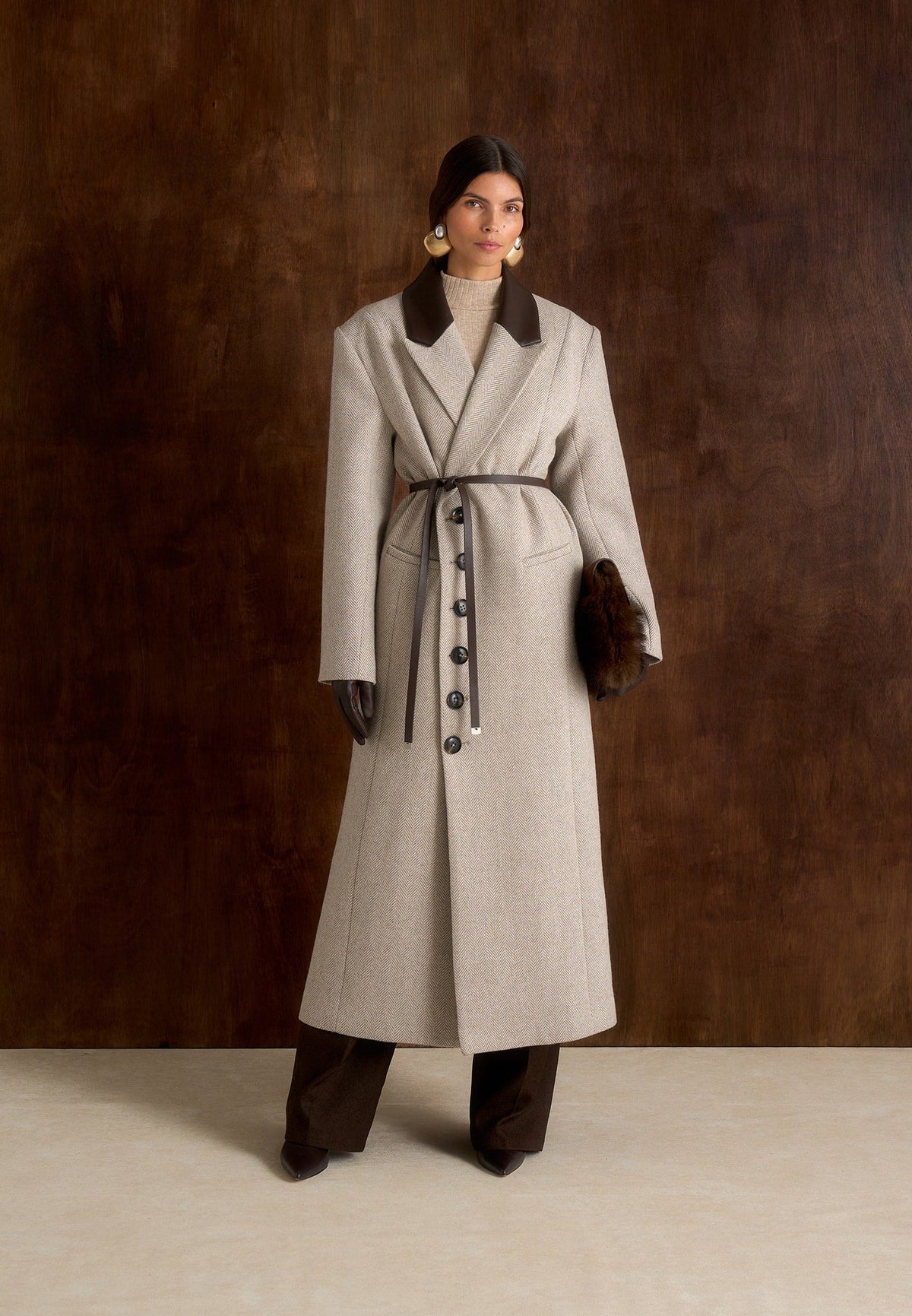 Anissa Herringbone Wool Coat Beige 1