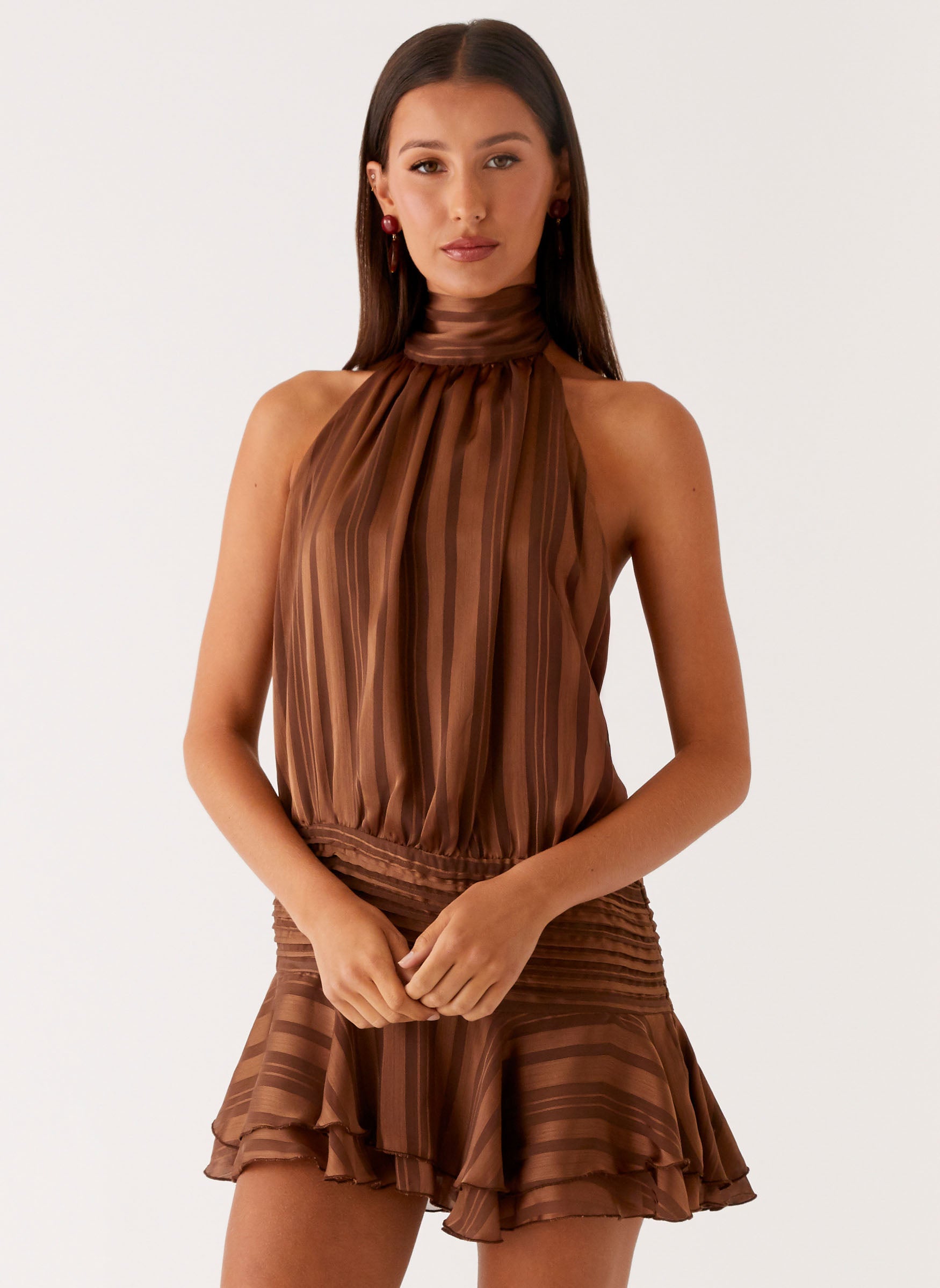 Willow Chiffon Mini Dress Chocolate 1
