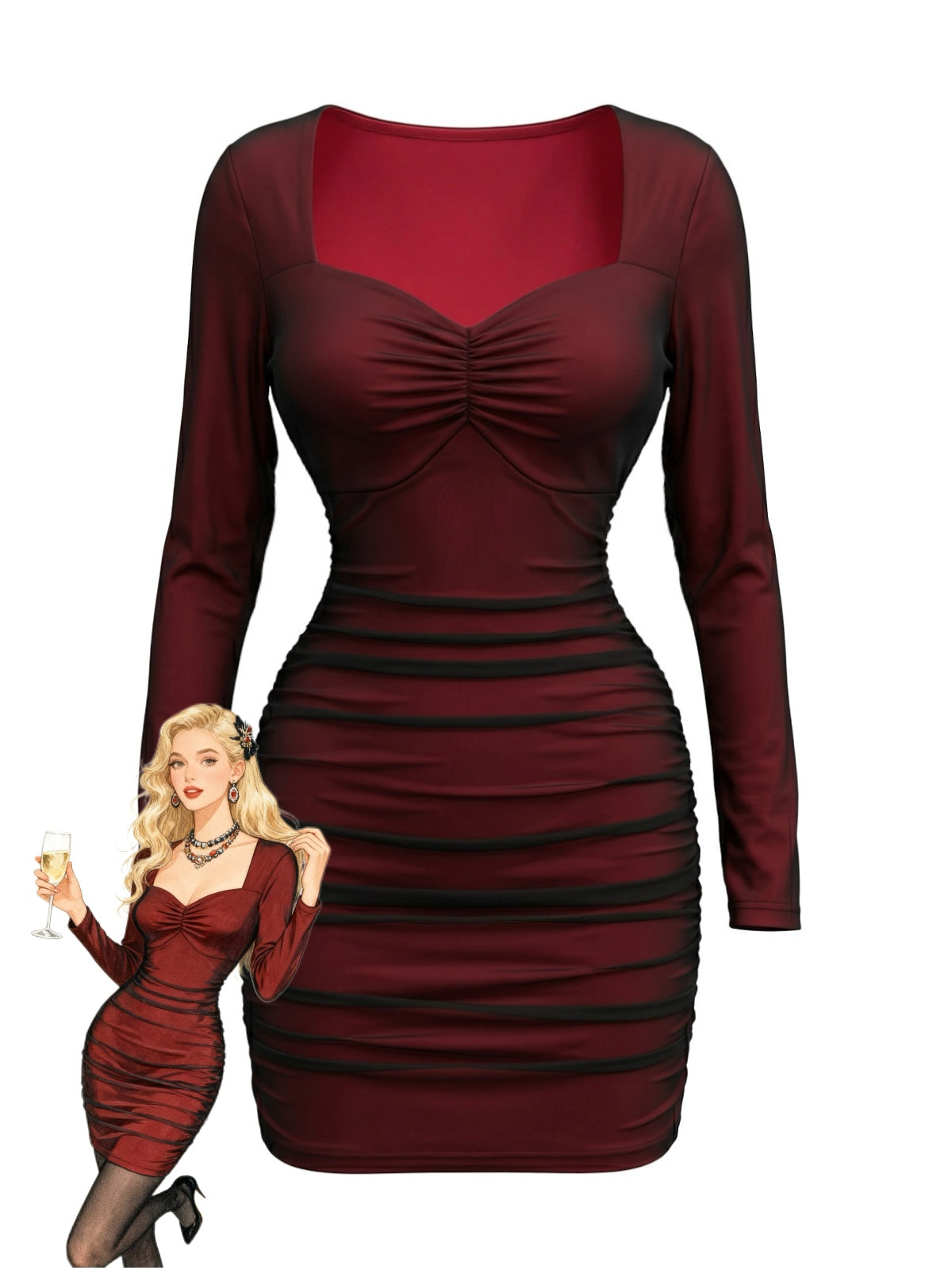Vivienne Ruched Mesh Bodycon Dress Wine Red 1