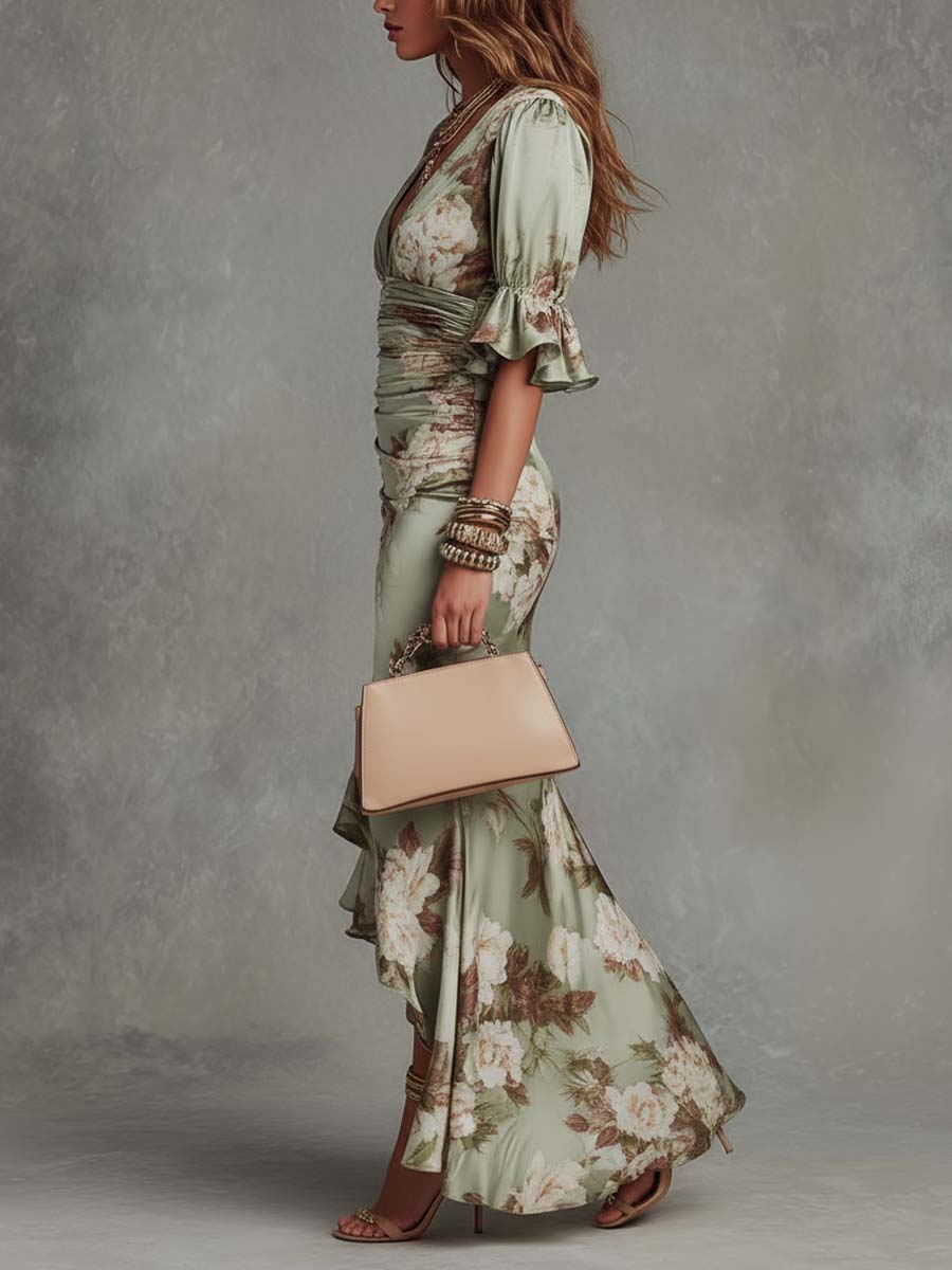 Gracie Floral Satin Midi Dress Sage Green 4