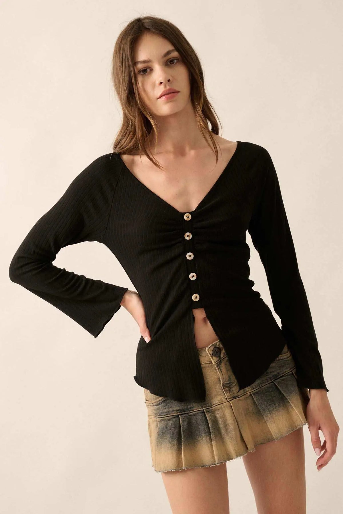 Rosalie Ribbed Knit Top with Bell Sleeves Black 1