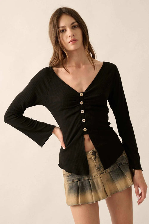Rosalie Ribbed Knit Top with Bell Sleeves Black 1