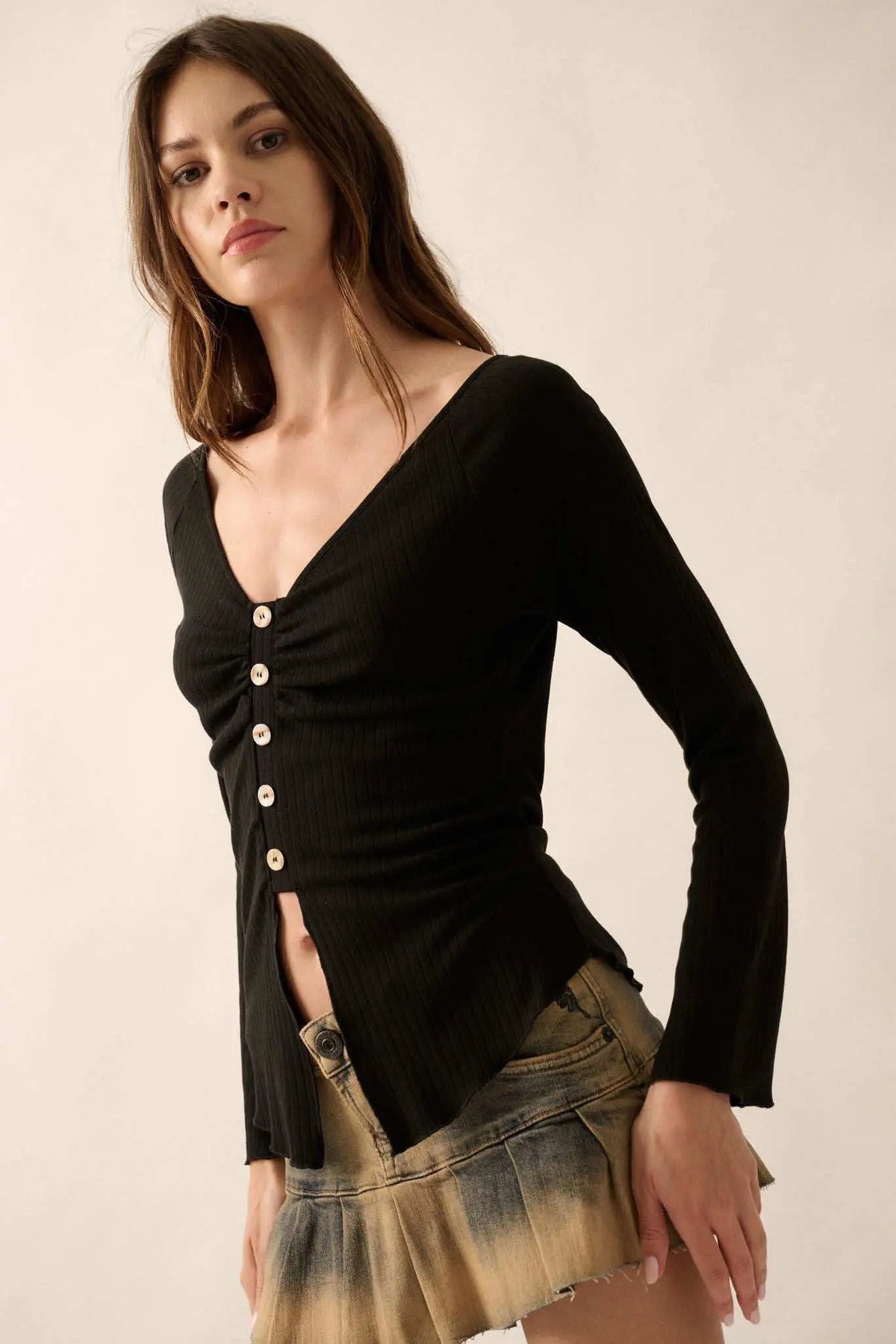 Rosalie Ribbed Knit Top with Bell Sleeves Coconut Milk 6
