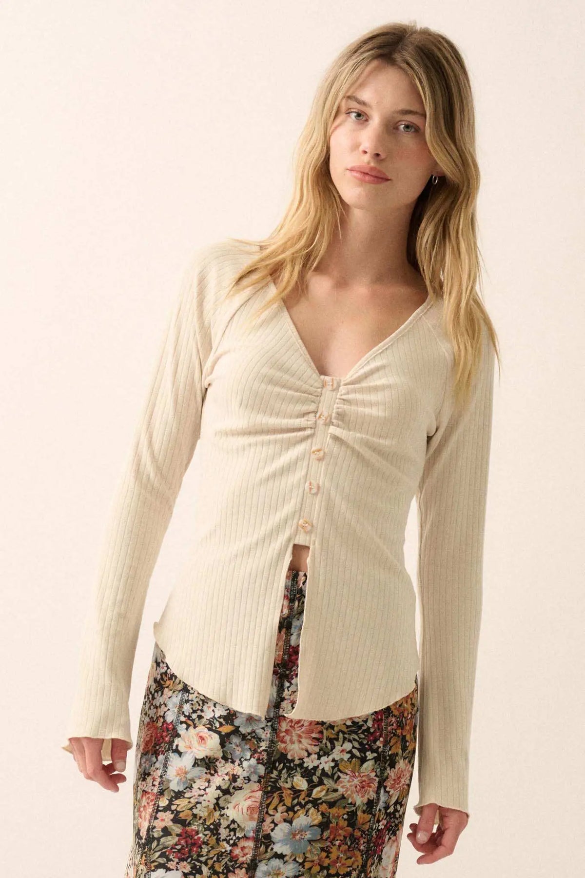 Rosalie Ribbed Knit Top with Bell Sleeves Taupe 10