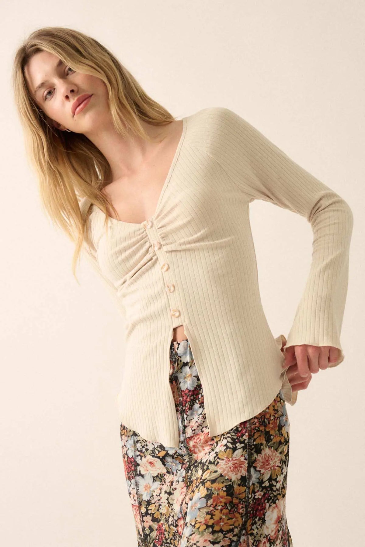 Rosalie Ribbed Knit Top with Bell Sleeves Coconut Milk 7
