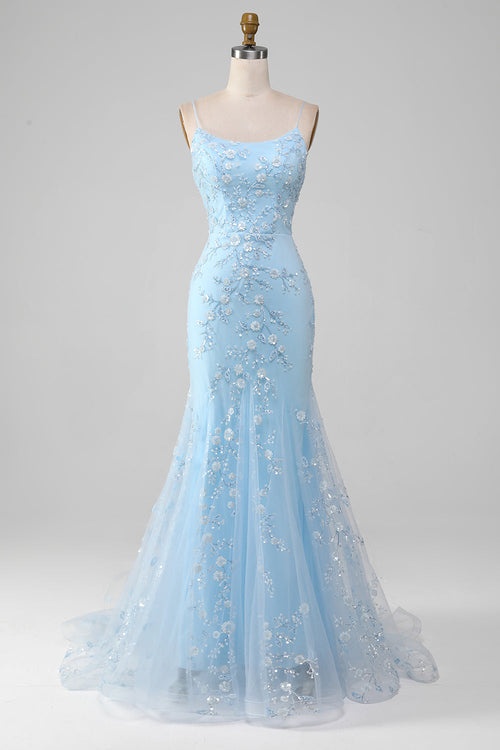 Celestine Beaded Mermaid Gown Blue 1