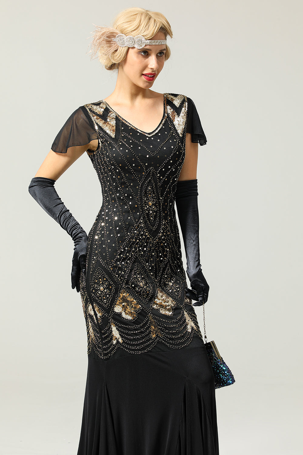 Gatsby Sequin Long Dress Black & Green 3