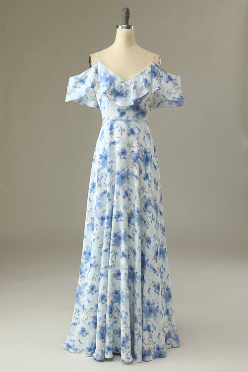 Margot Floral Off-Shoulder Bridesmaid Dress Blue 1