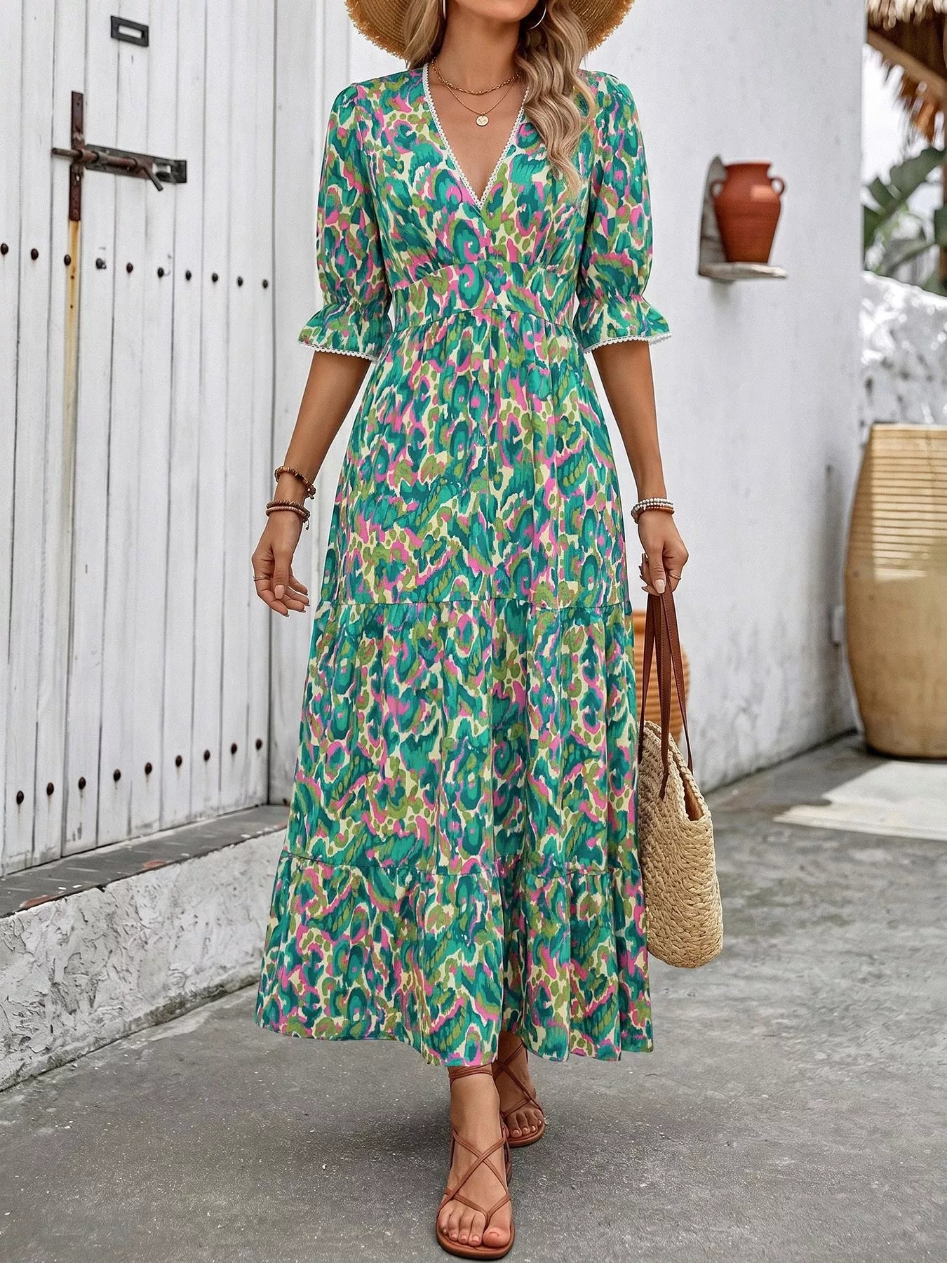 Margot Printed Tiered Dress Neck Flounce Sleeve Dress 2