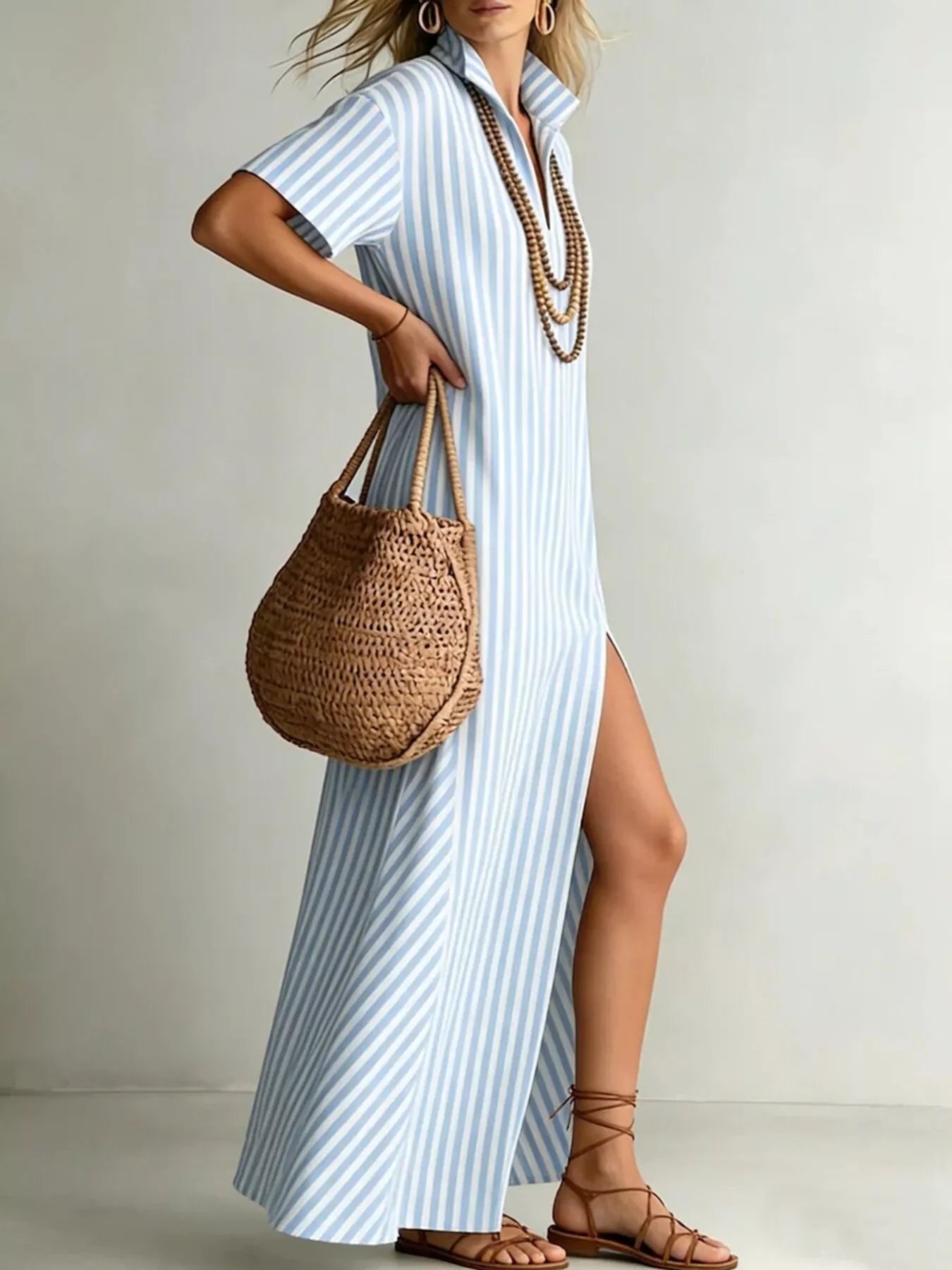 Margot Striped Linen Maxi Shirt Dress Sky Blue 2