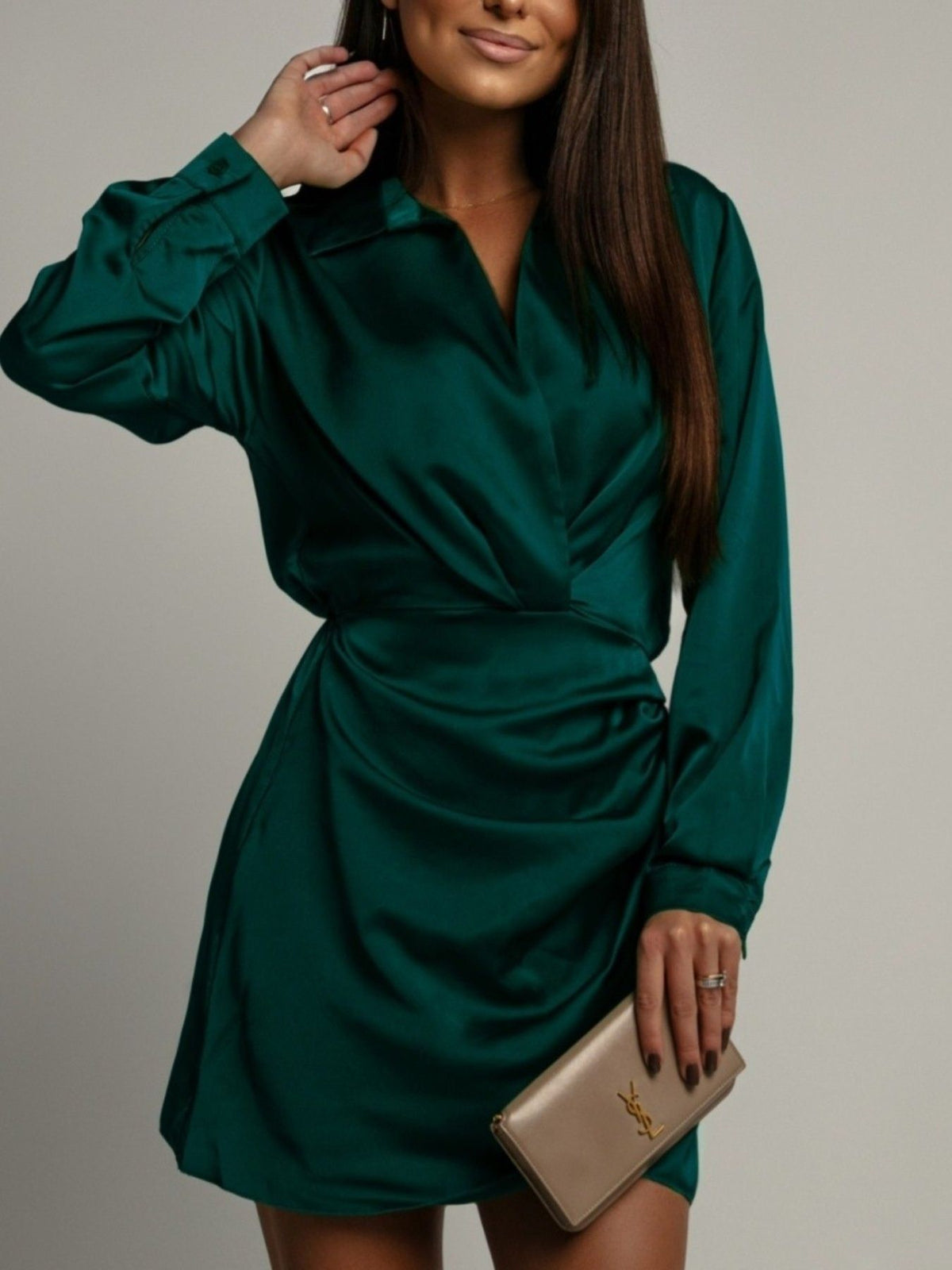 Margot Satin Collared Dress Dark Green 7