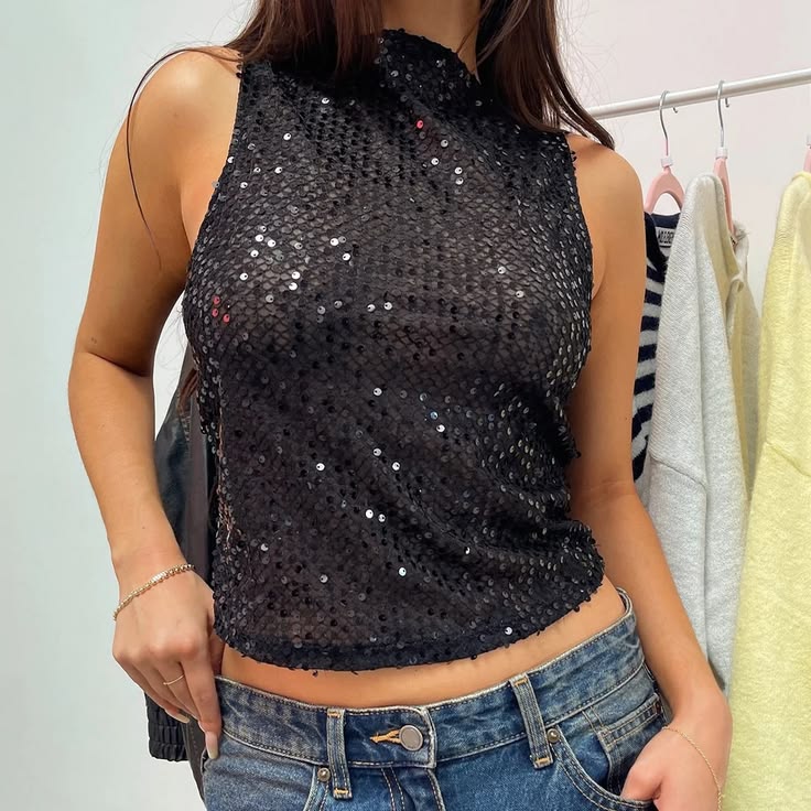 Manon Sequin Crop Top Black 1