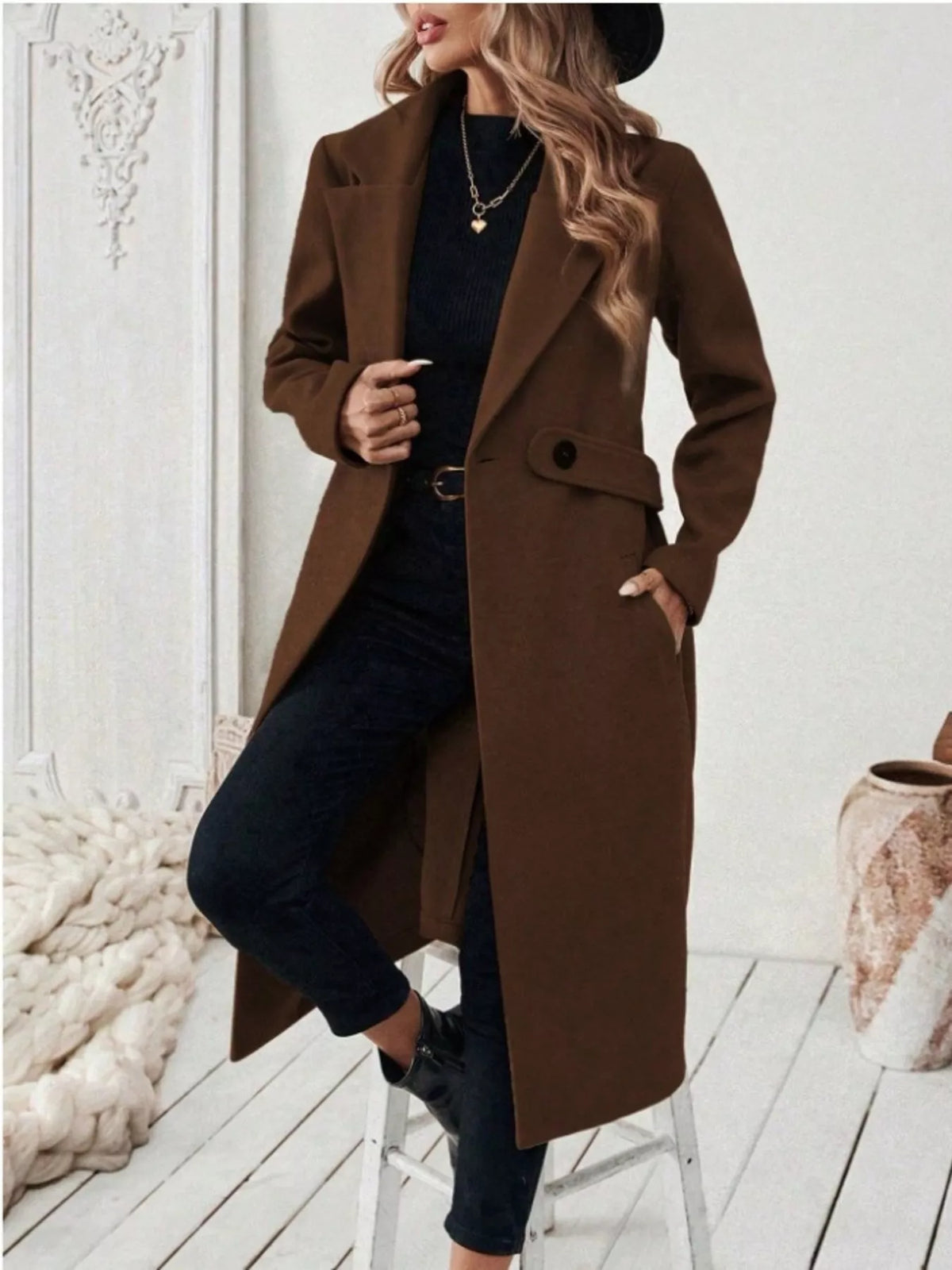 Margot Belted Lapel Coat in Burgundy Black 10