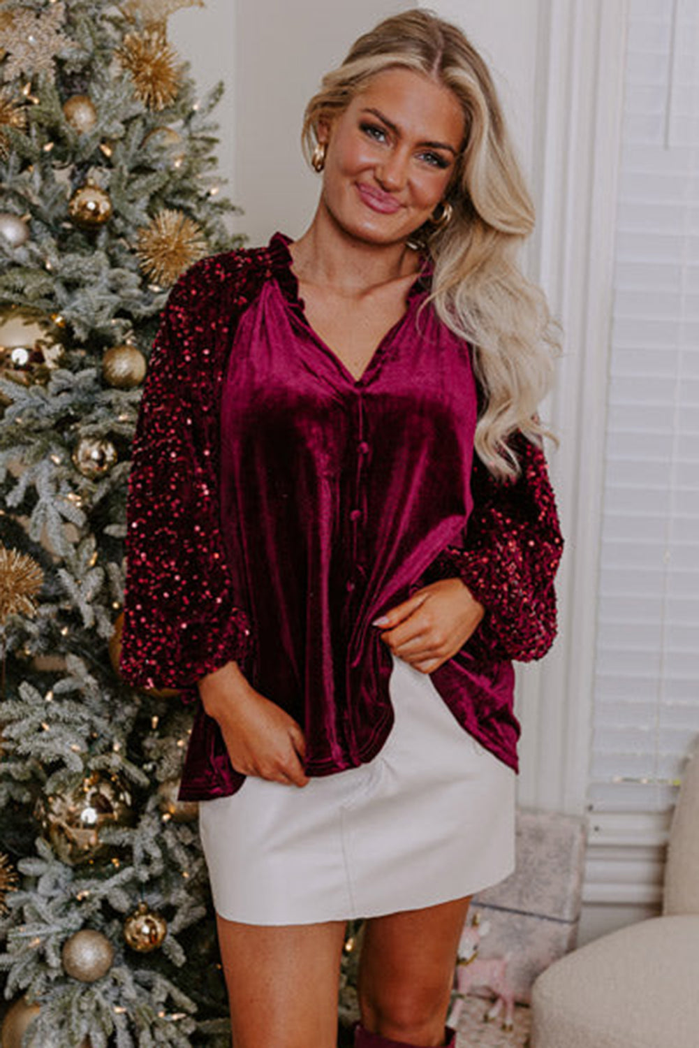 Freya Sequin Velvet Blouse Red Dahlia 6