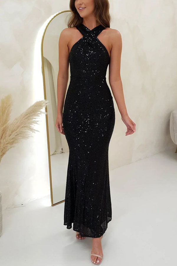 Valentina Sequin Halter Maxi Dress Pink 3