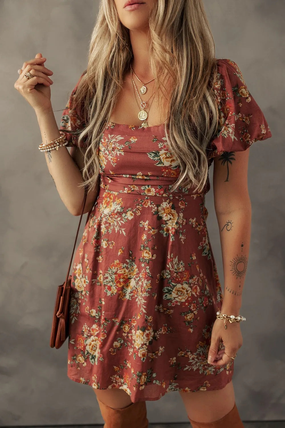 Arabella Floral Mini Dress Caramel 1