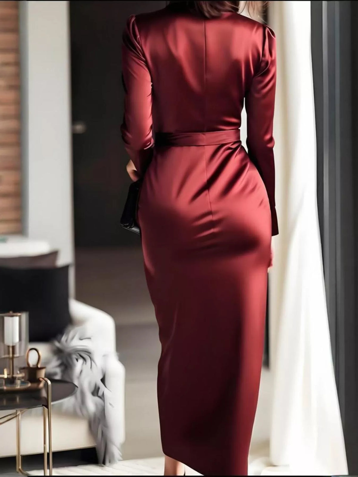 Oona Satin Long Sleeve Dress in Red Red 4