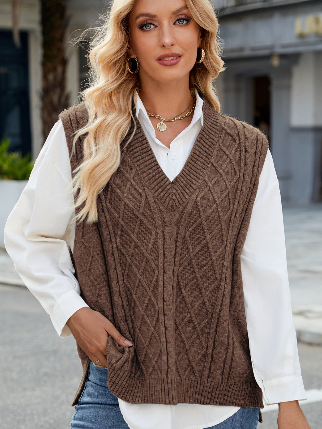 Margot Cable Knit Sweater Vest Tan 9