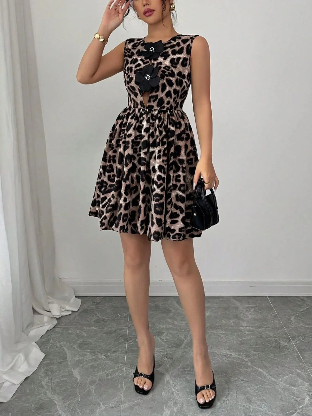 Cecilia Leopard Print Fit and Flare Mini Dress Chocolate 5