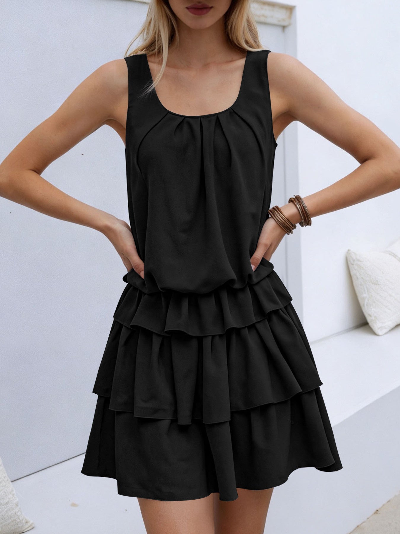 Celestine Ruffle Layered Mini Dress Black 10
