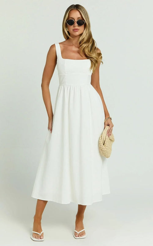 Khari Linen A-Line Midi Dress White 1