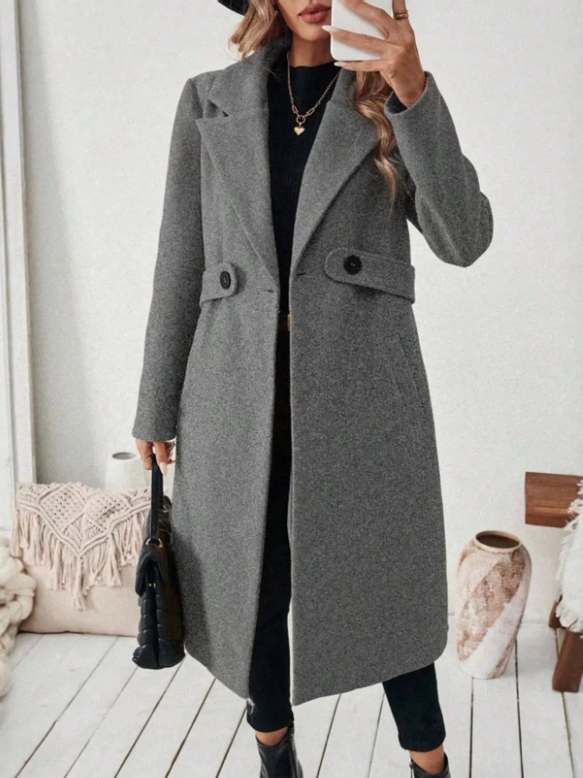 Margot Belted Lapel Coat in Burgundy Gray 2