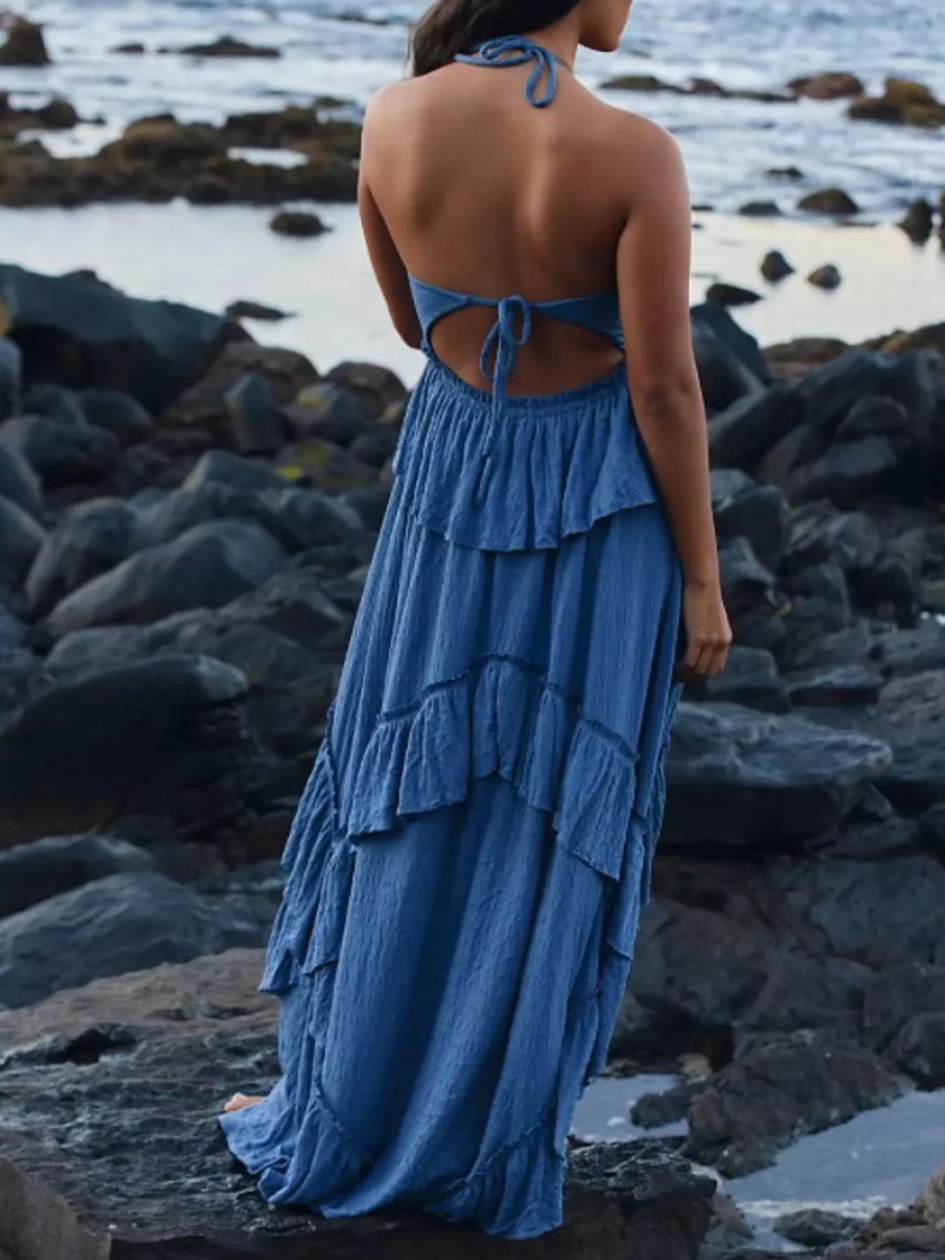 Arabella Ruffled Halter Maxi Dress Turquoise 7