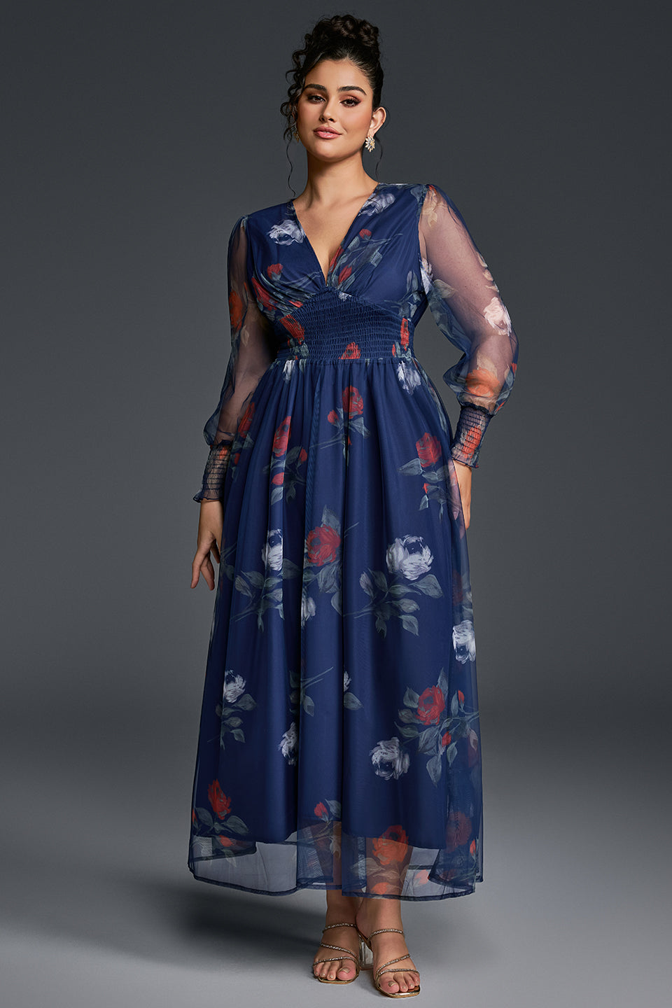Isabelle Floral Pleated Maxi Dress Neck Floral Mesh Maxi Dress 3