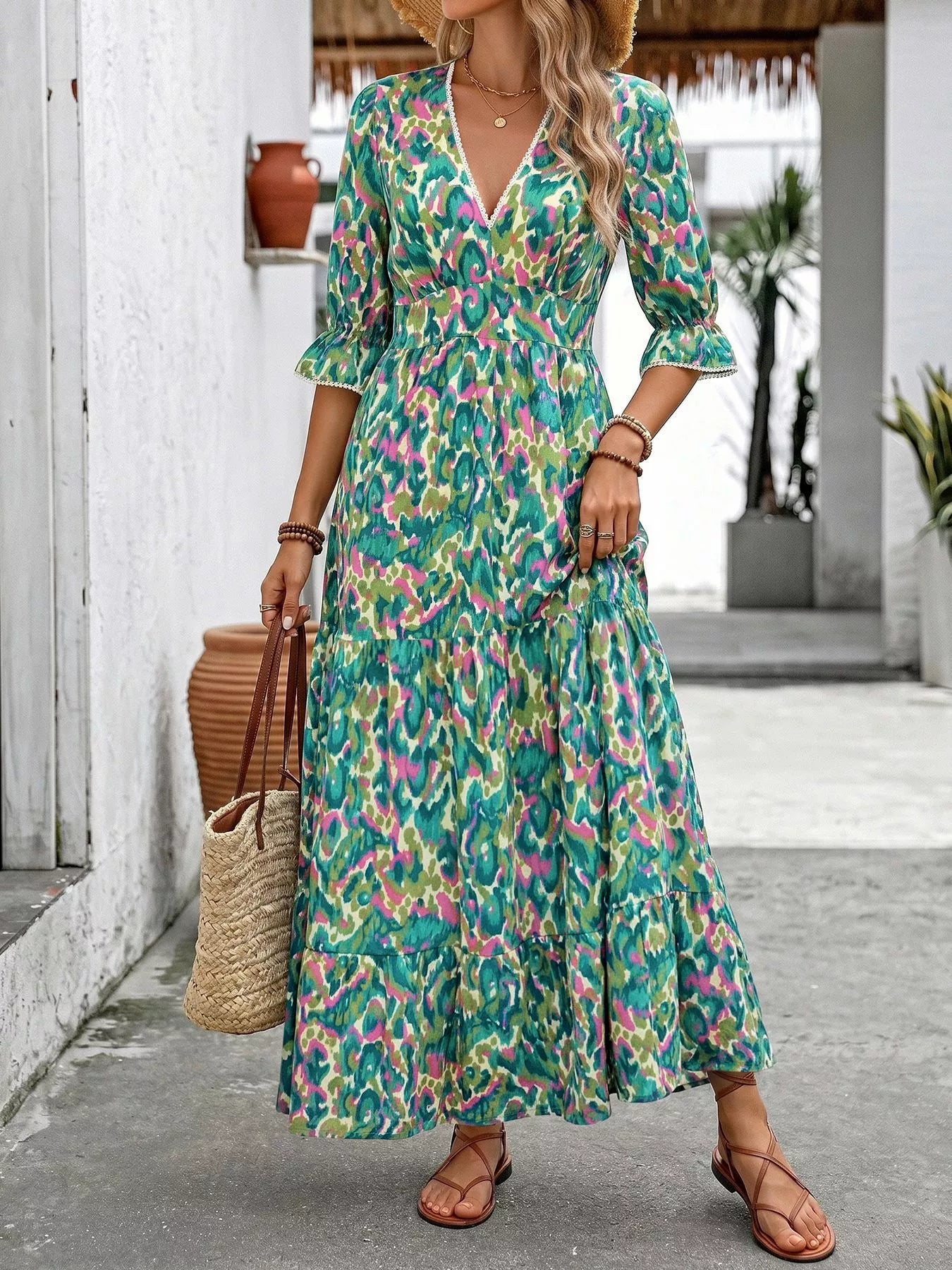 Margot Printed Tiered Dress Neck Flounce Sleeve Dress 3