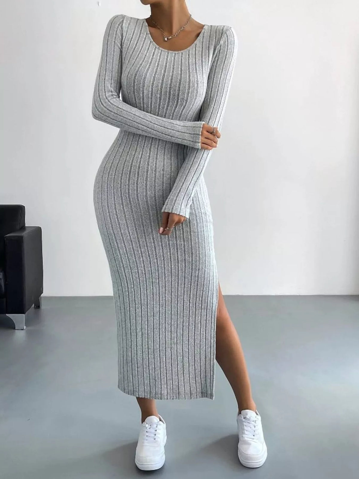 Marlowe Ribbed Knit Bodycon Midi Dress Light Gray 6