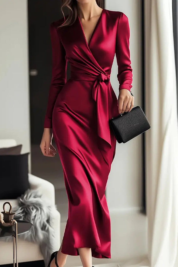Celeste Satin Long Sleeve Midi Dress Red 2
