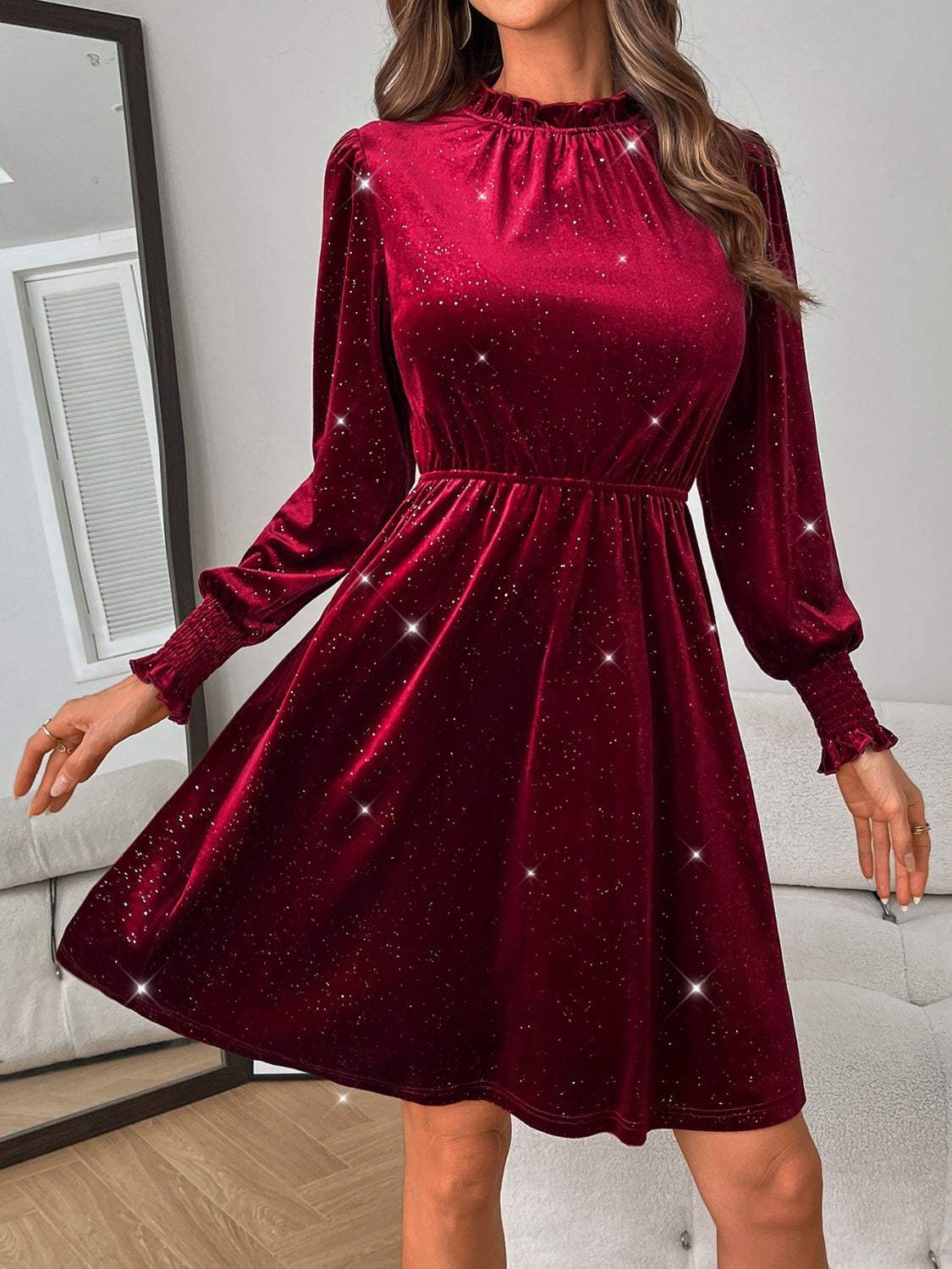 Camille Glitter Mock Neck Mini Dress Dark Green 4