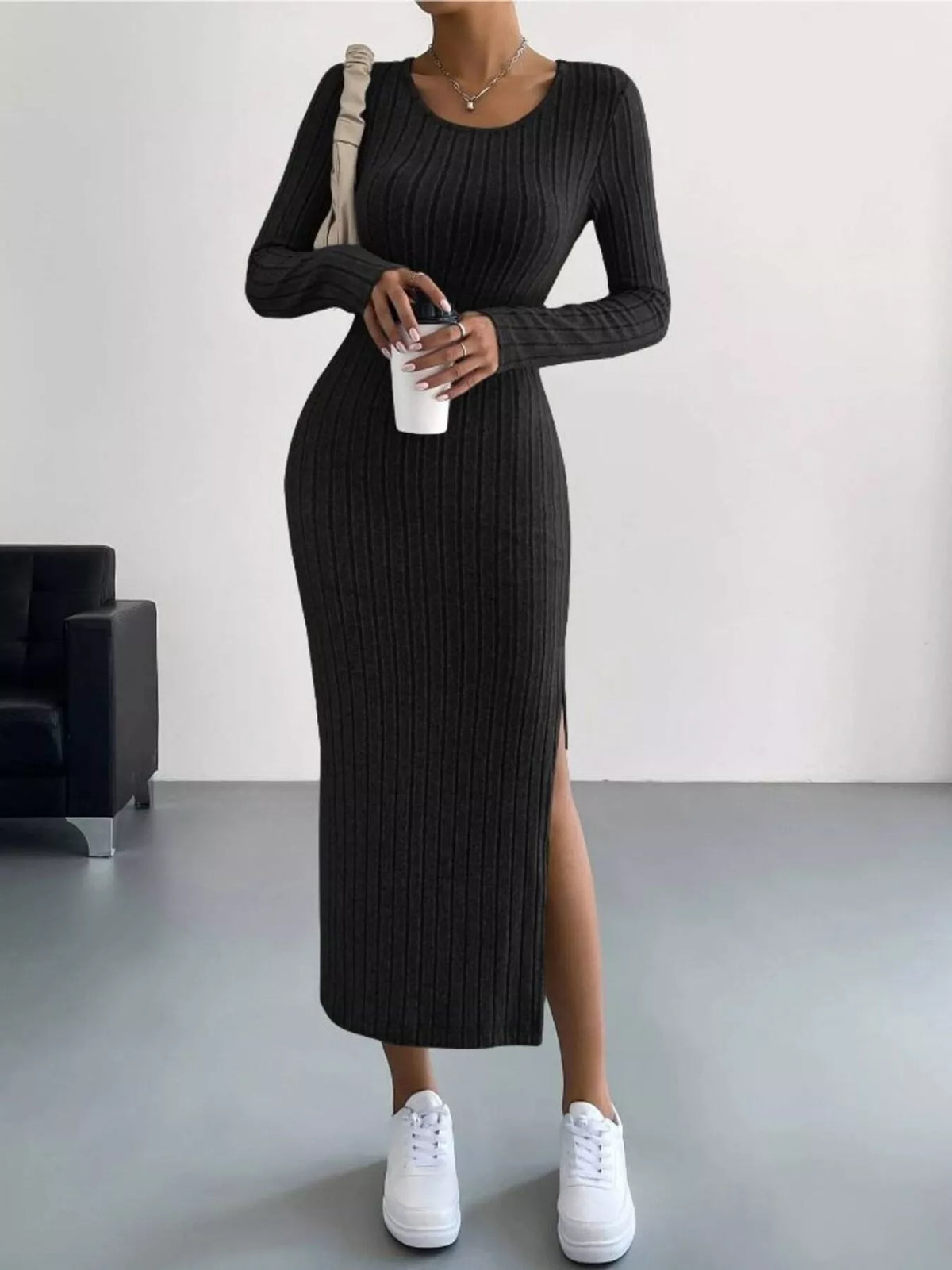 Marlowe Ribbed Knit Bodycon Midi Dress Black 2
