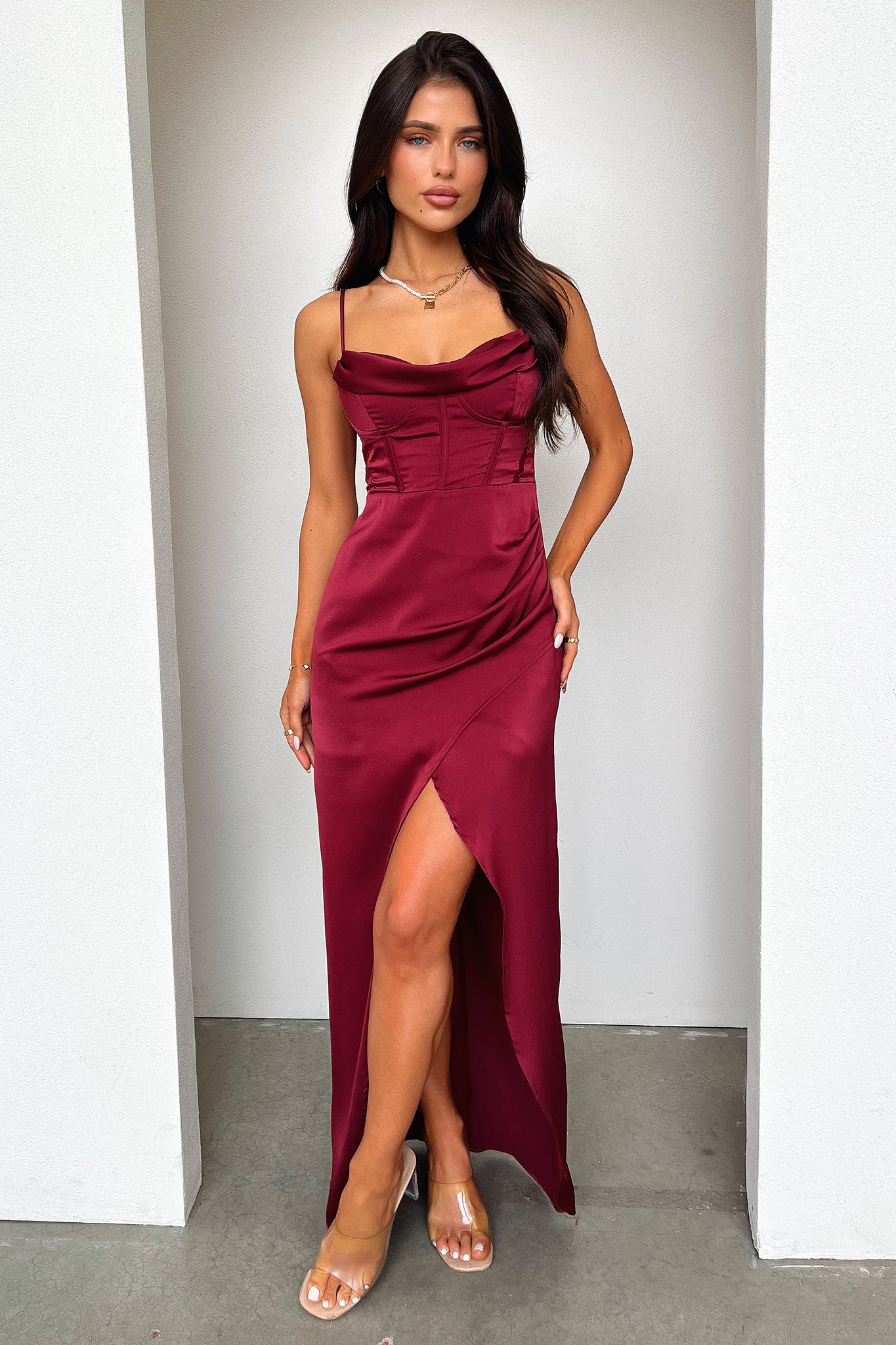 Aiana Satin Maxi Dress Burgundy 3