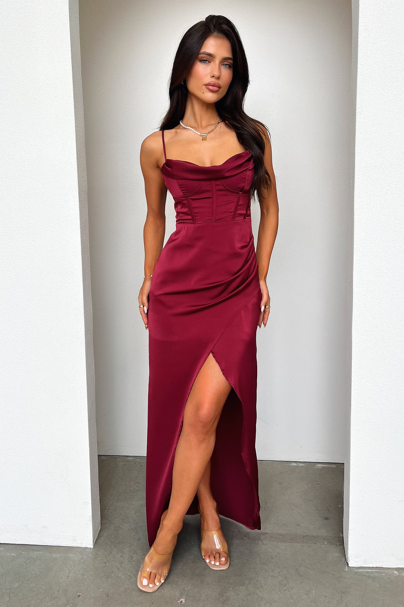 Aiana Satin Maxi Dress Burgundy 1