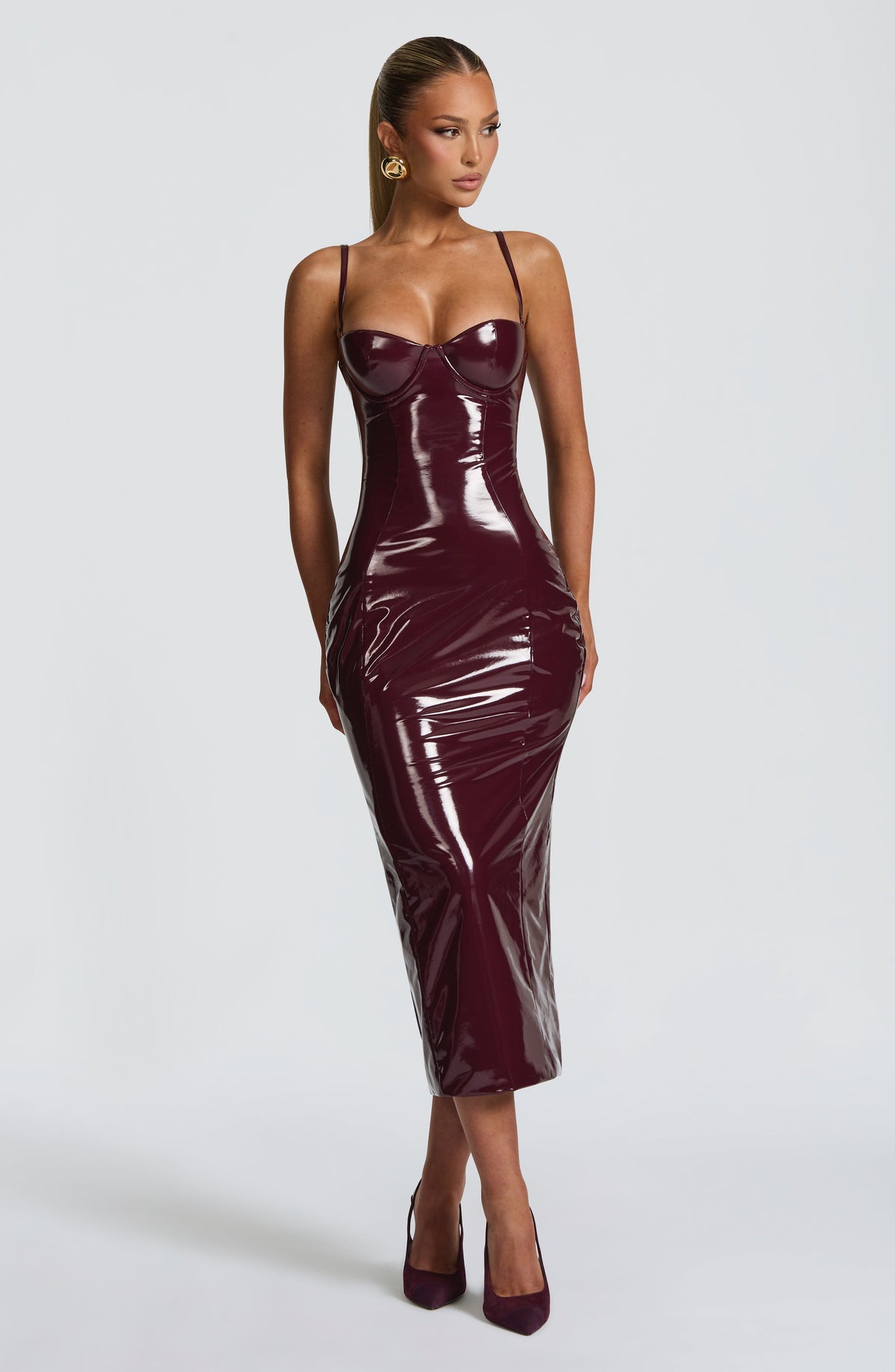 Amala Satin Midi Dress in Black Cherry Lacquer 10