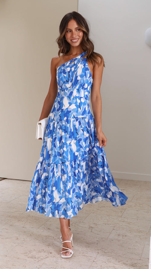 Ottilie Tiered Midi Dress Blue Floral 1