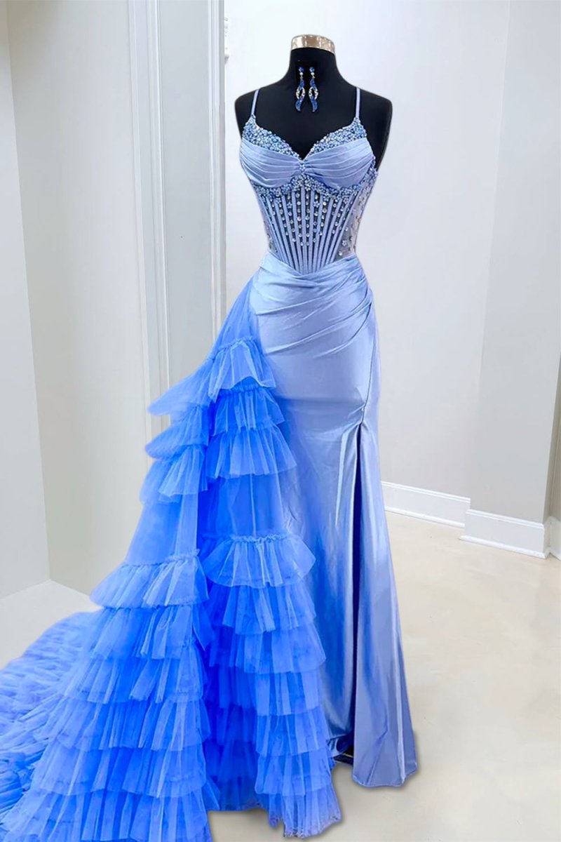 Violet Chiffon Strapless Gown Spaghetti Straps Mermaid Satin Beaded Prom Dresses With Ruffled Train 3