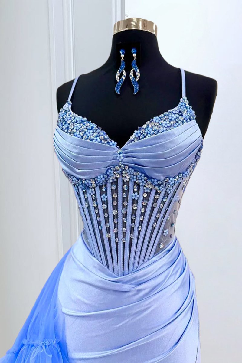 Violet Chiffon Strapless Gown Spaghetti Straps Mermaid Satin Beaded Prom Dresses With Ruffled Train 4
