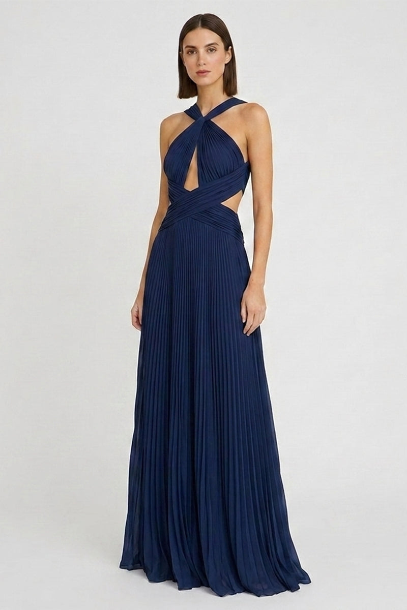 Arabella Chiffon Backless Maxi Dress Navy Blue 10