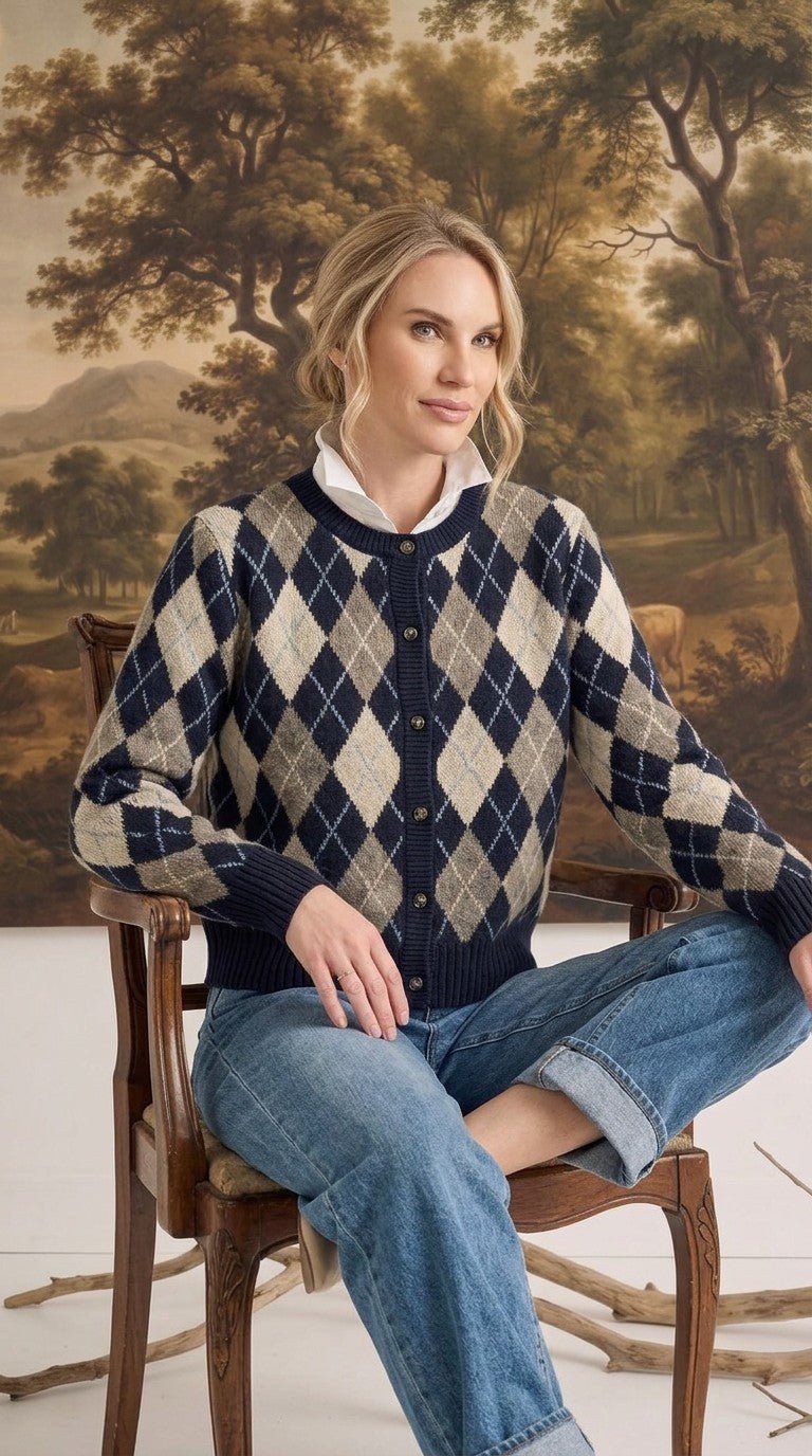 Margot Knit Sweater Cardigan in Navy Argyle Navy 3