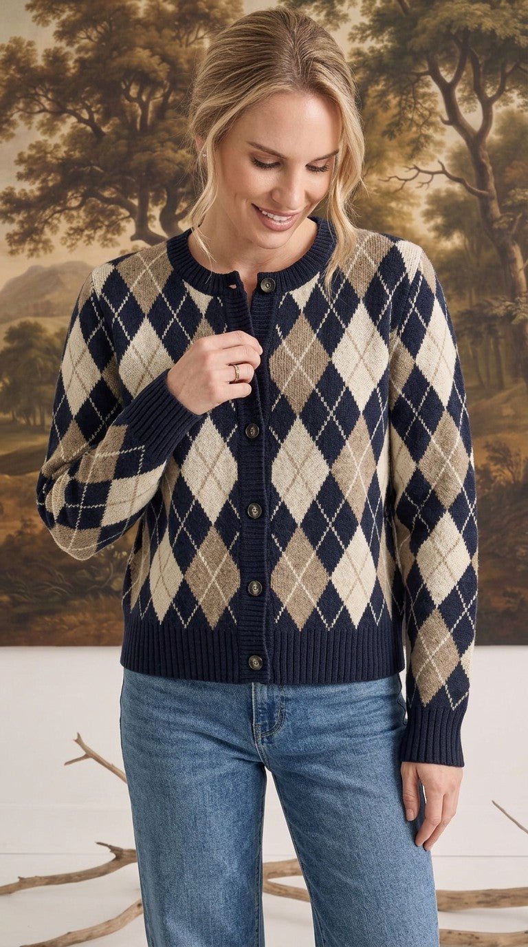 Margot Knit Sweater Cardigan in Navy Argyle Navy 2