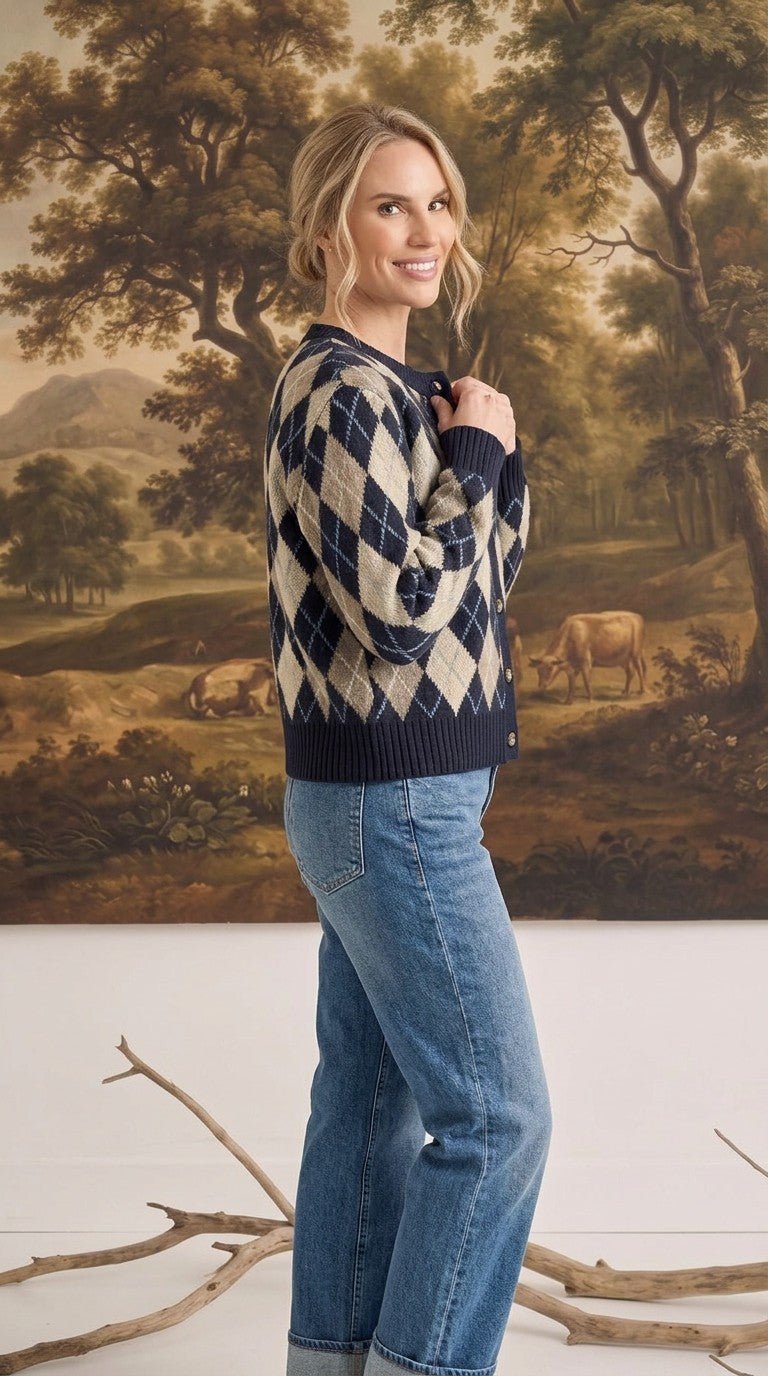 Margot Knit Sweater Cardigan in Navy Argyle Navy 5