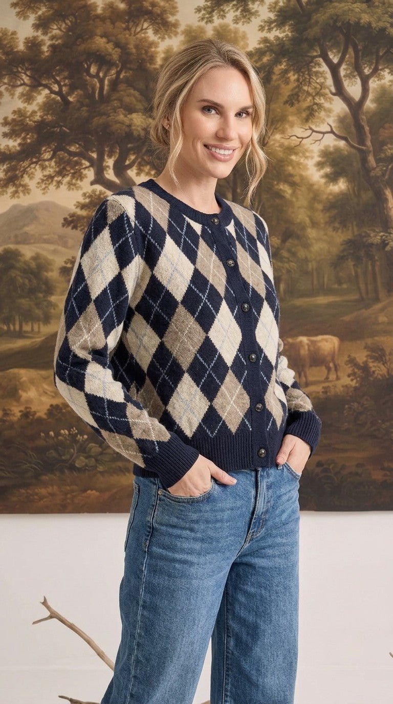 Margot Knit Sweater Cardigan in Navy Argyle Navy 4