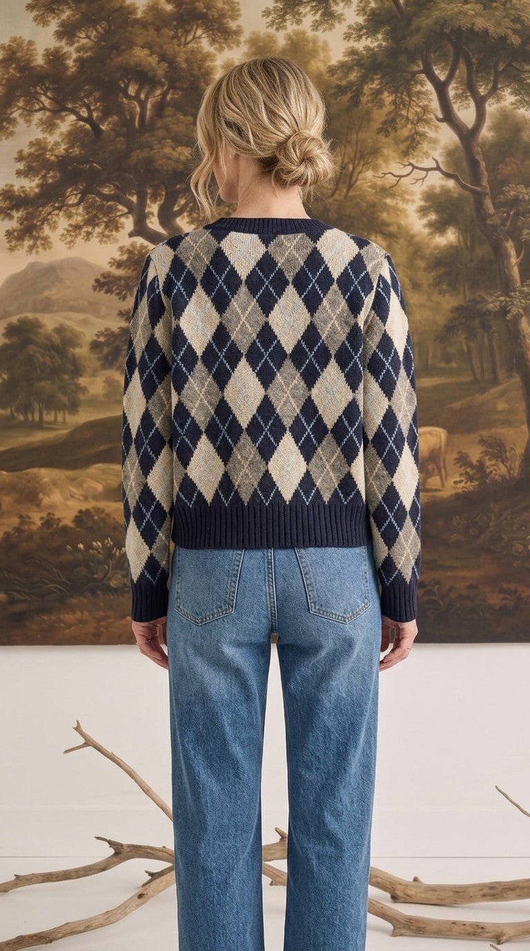 Margot Knit Sweater Cardigan in Navy Argyle Navy 6