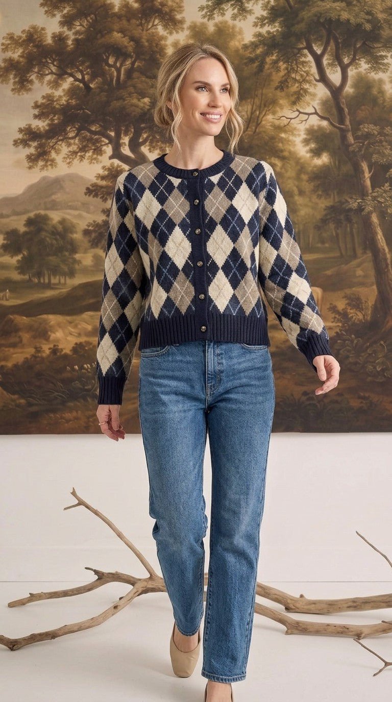 Margot Knit Sweater Cardigan in Navy Argyle Navy 1