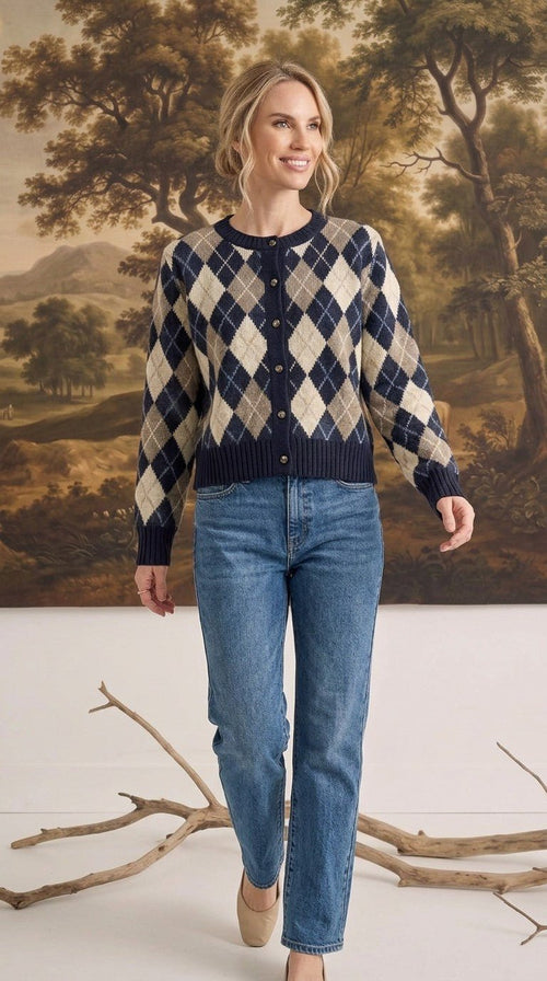 Margot Knit Sweater Cardigan in Navy Argyle Navy 1
