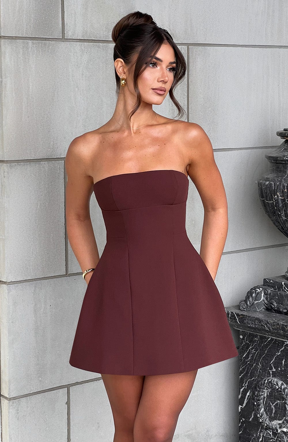 Asha Silk Mini Dress in Wine Brown 1