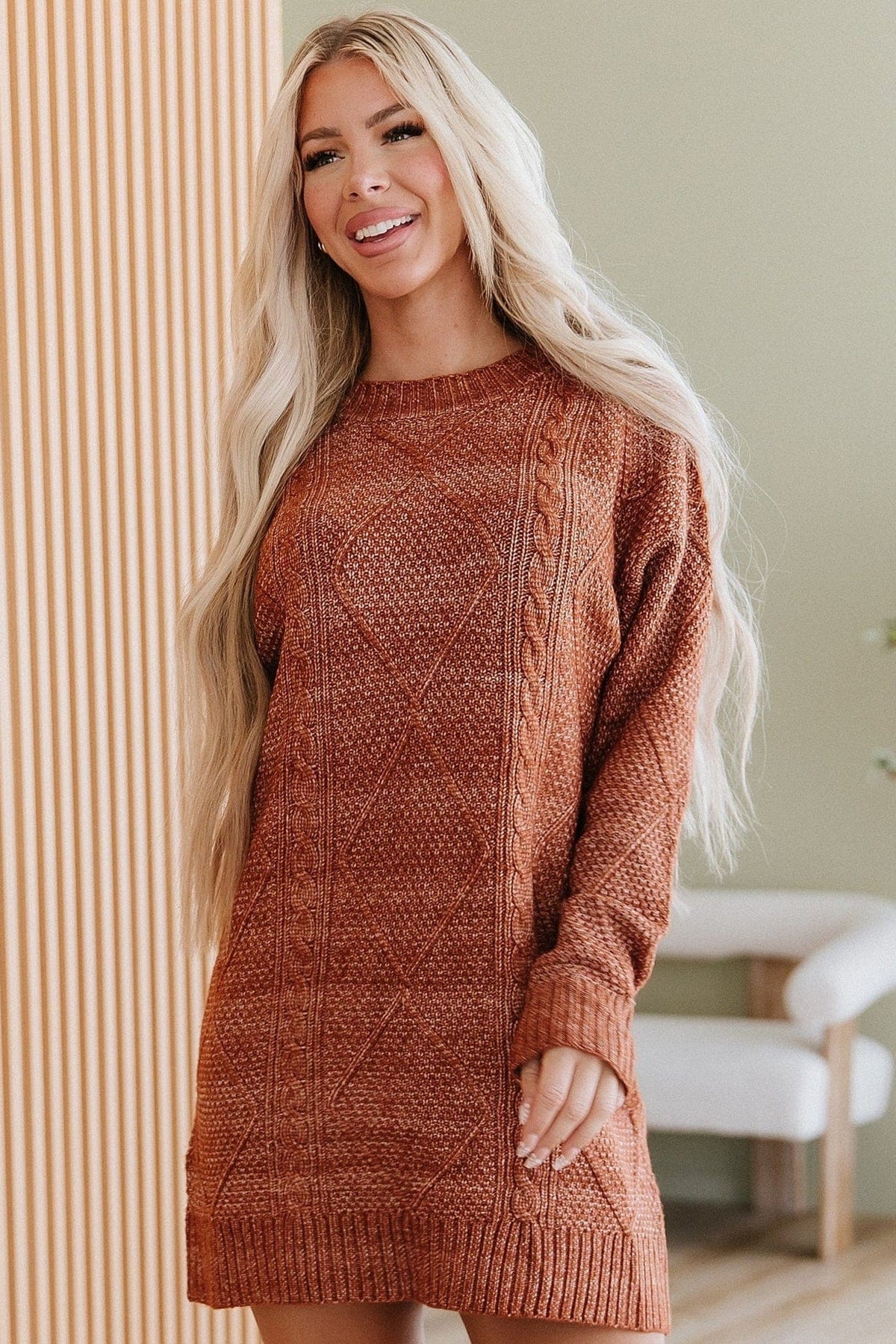 Ashley Cable Knit Midi Dress Coffee 1