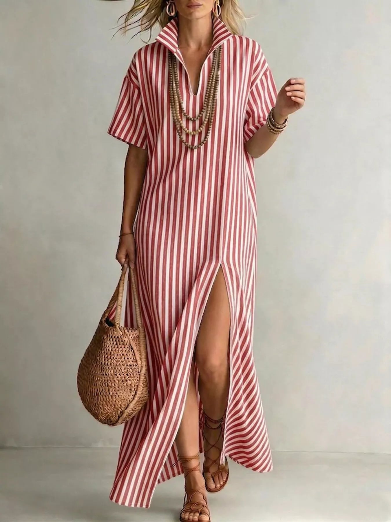 Margot Striped Linen Maxi Shirt Dress Red 4